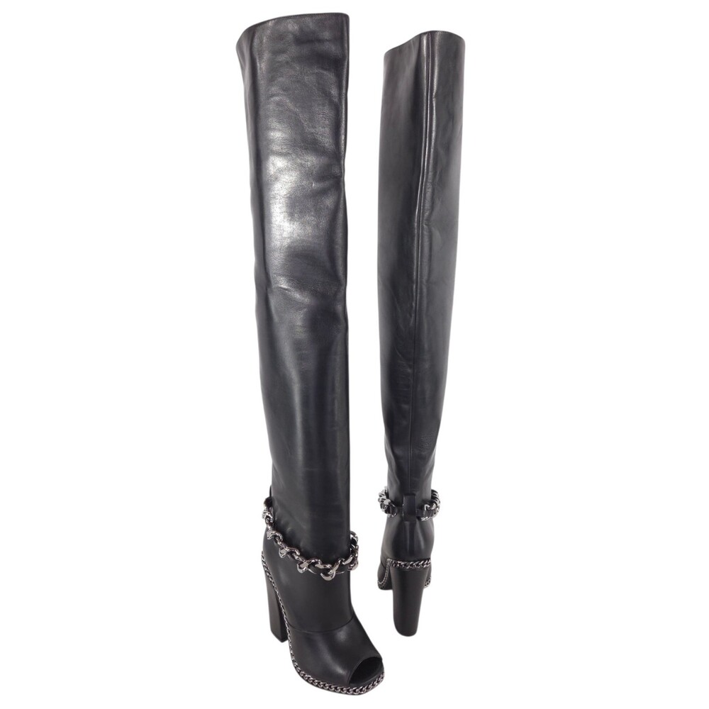 Balmain Chain Peep Toe Over The Knee Boots US 7.5 IT 37.5 Womens Black $2250 - Picture 2 of 16